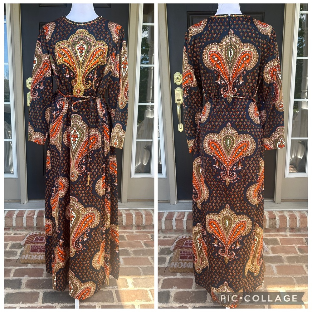 Vintage 60s Long Sleeve Paisley Maxi Hostess Dress Beaded Fringe Art Deco M L